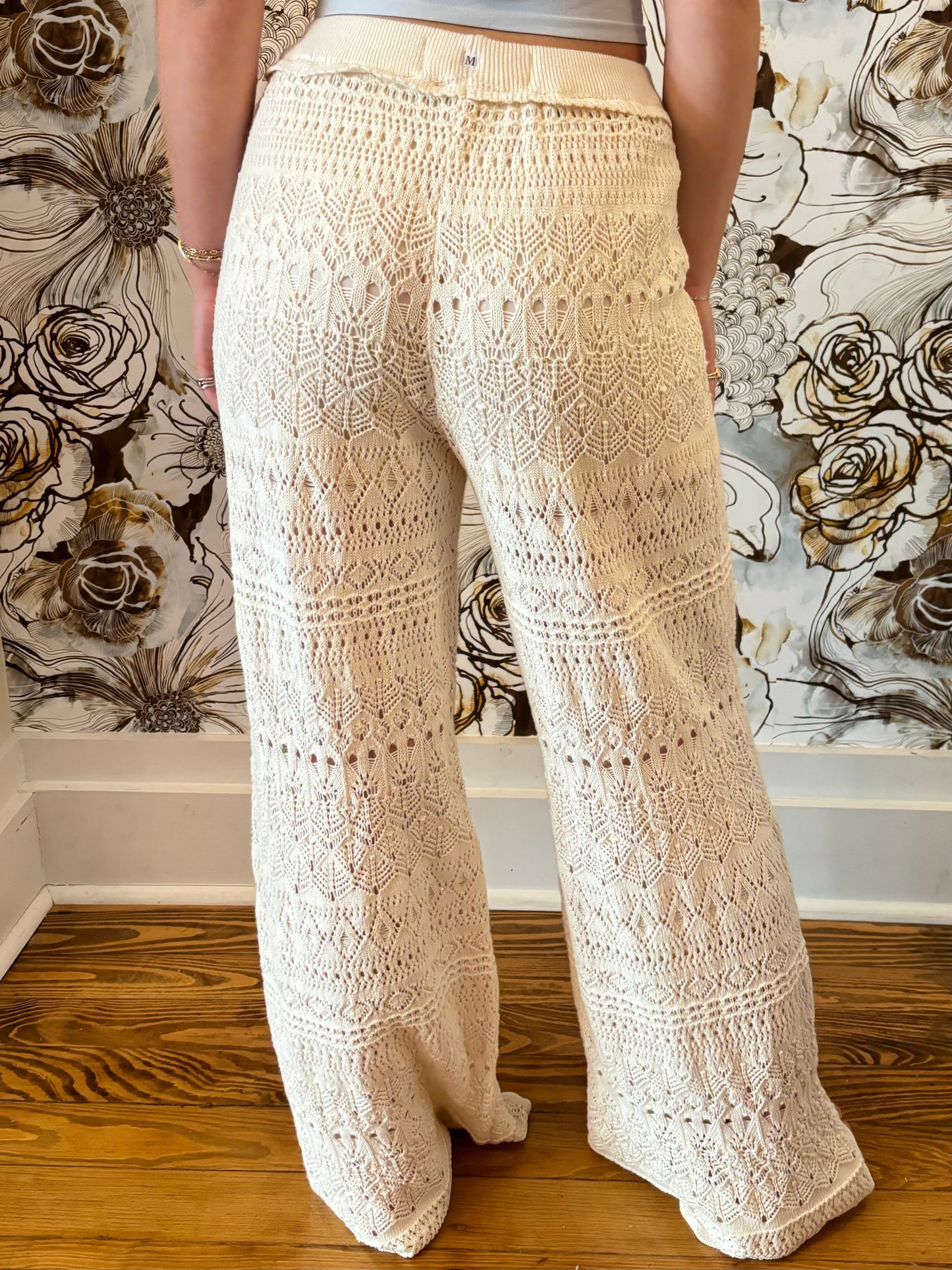 CROCHET KNIT BEIGE SOFT PATTERN PANTS