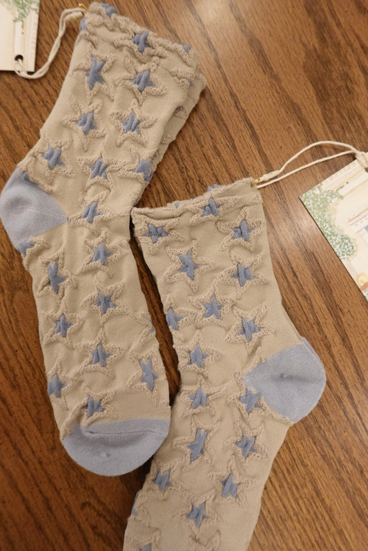 BABY BLUE & BEIGE STAR DESIGN CREW SOCKS