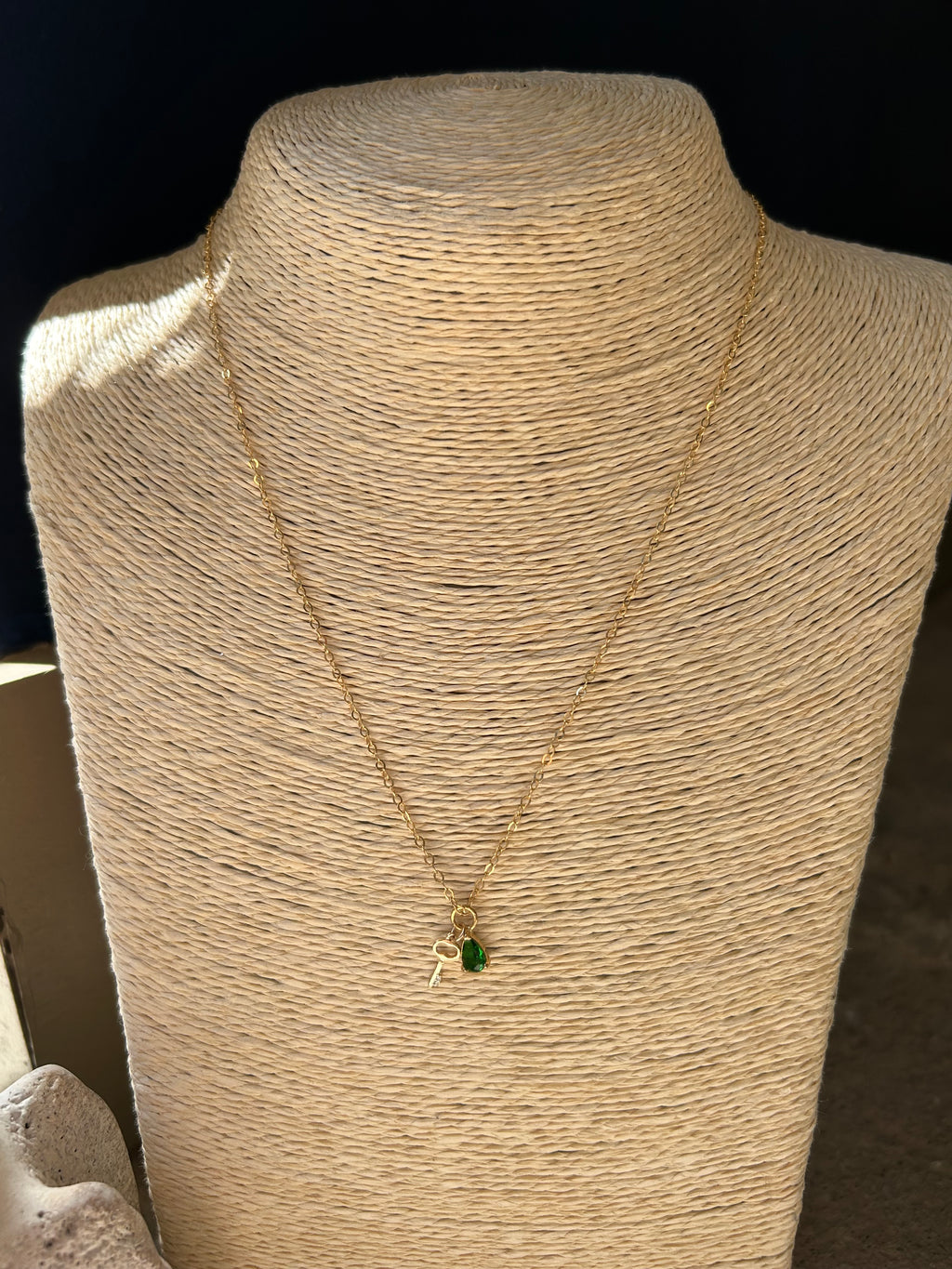 EMERALD & KEY CHARM 14K GOLD FILLED NECKLACE