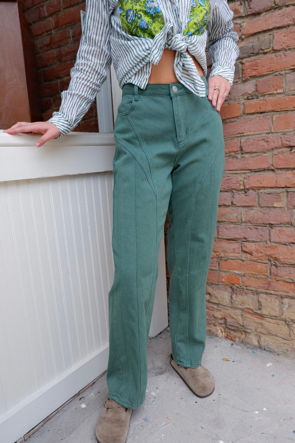 RUTHIE HIGH WAISTED GREEN WASHED TWILL STRAIGHT LEG JEANS