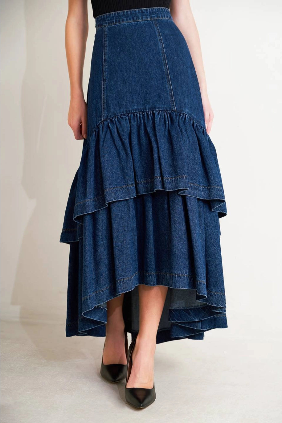 dark wash denim maxi skirt, free people style skirt, boho denim maxi skirt, high waisted denim skirt, long denim skirt women