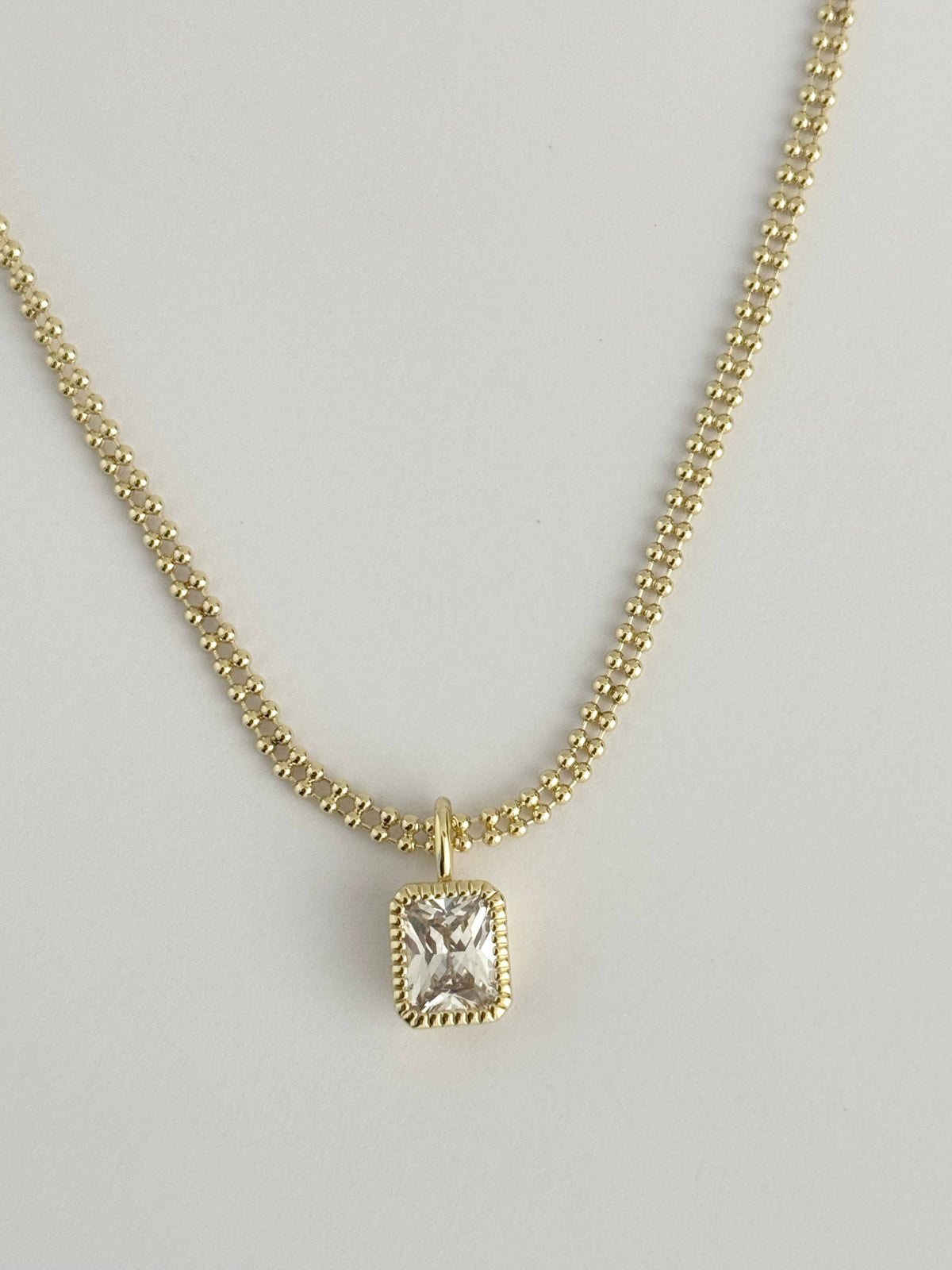 emerald cut necklace, emerald cut CZ necklace, cubic zirconia necklace, clear stone necklace, bezel pendant necklace, gold bezel necklace, 18k gold filled necklace, gold filled jewelry, double strand necklace, double strand ball chain, gold ball chain necklace, t