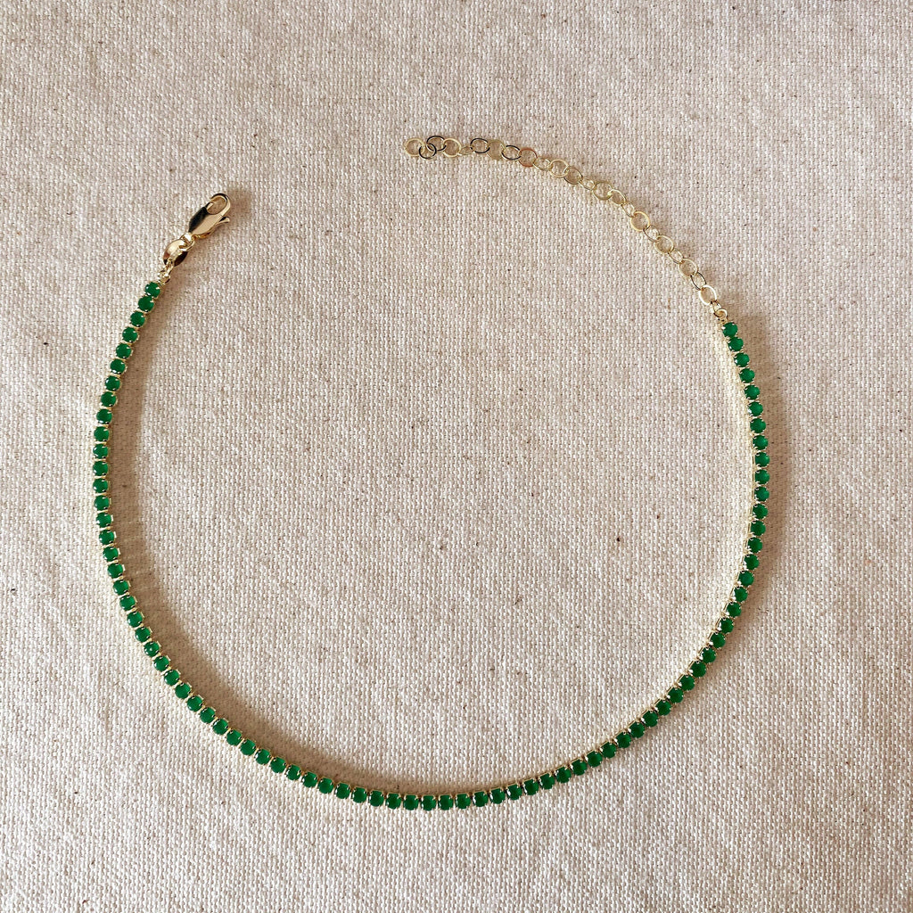 emerald green tennis necklace, emerald CZ necklace, green tennis necklace, emerald look necklace, green CZ necklace, yellow gold tennis necklace, gold filled necklace, 18k gold filled necklace, non tarnish necklace,