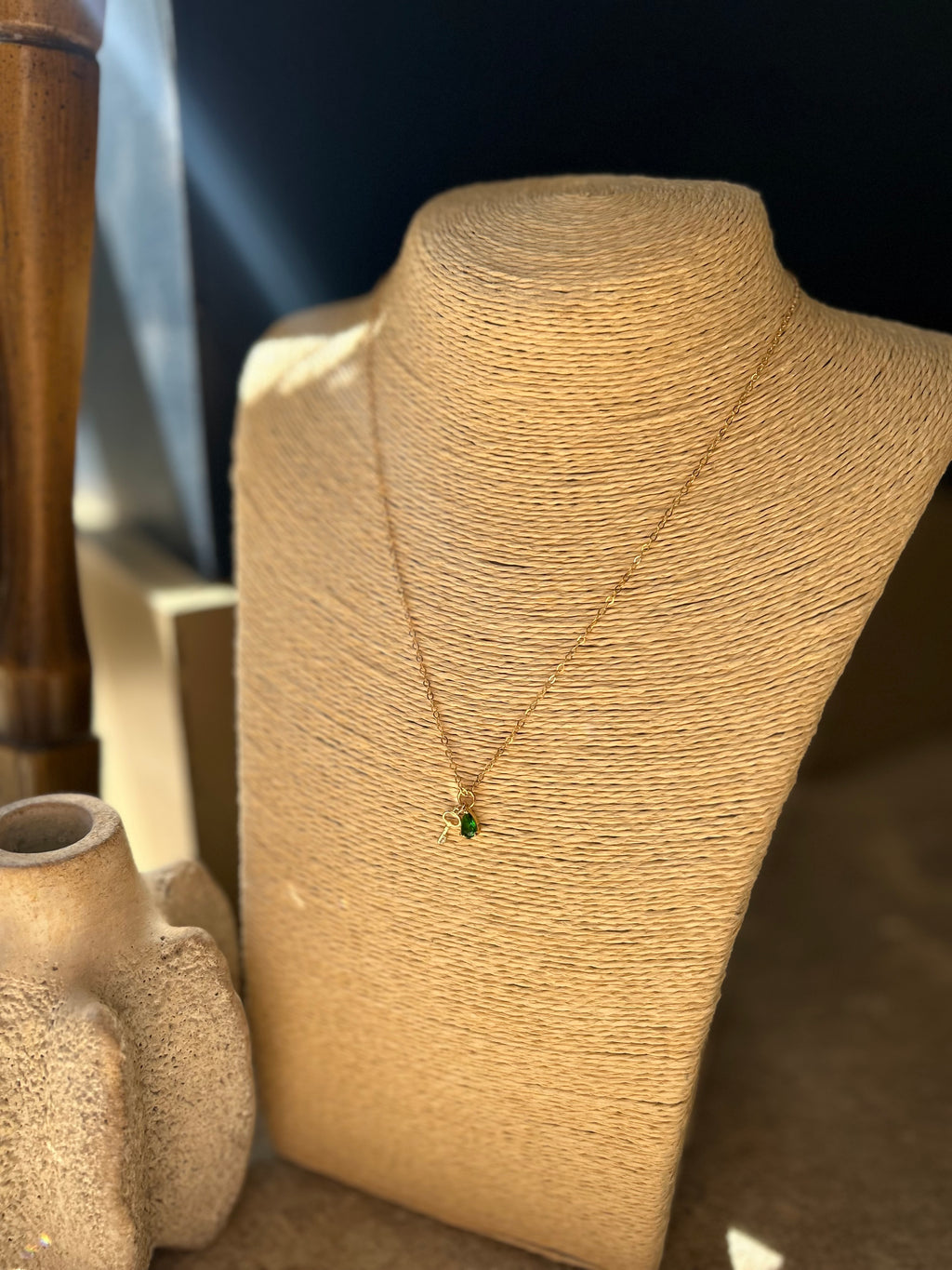 EMERALD & KEY CHARM 14K GOLD FILLED NECKLACE