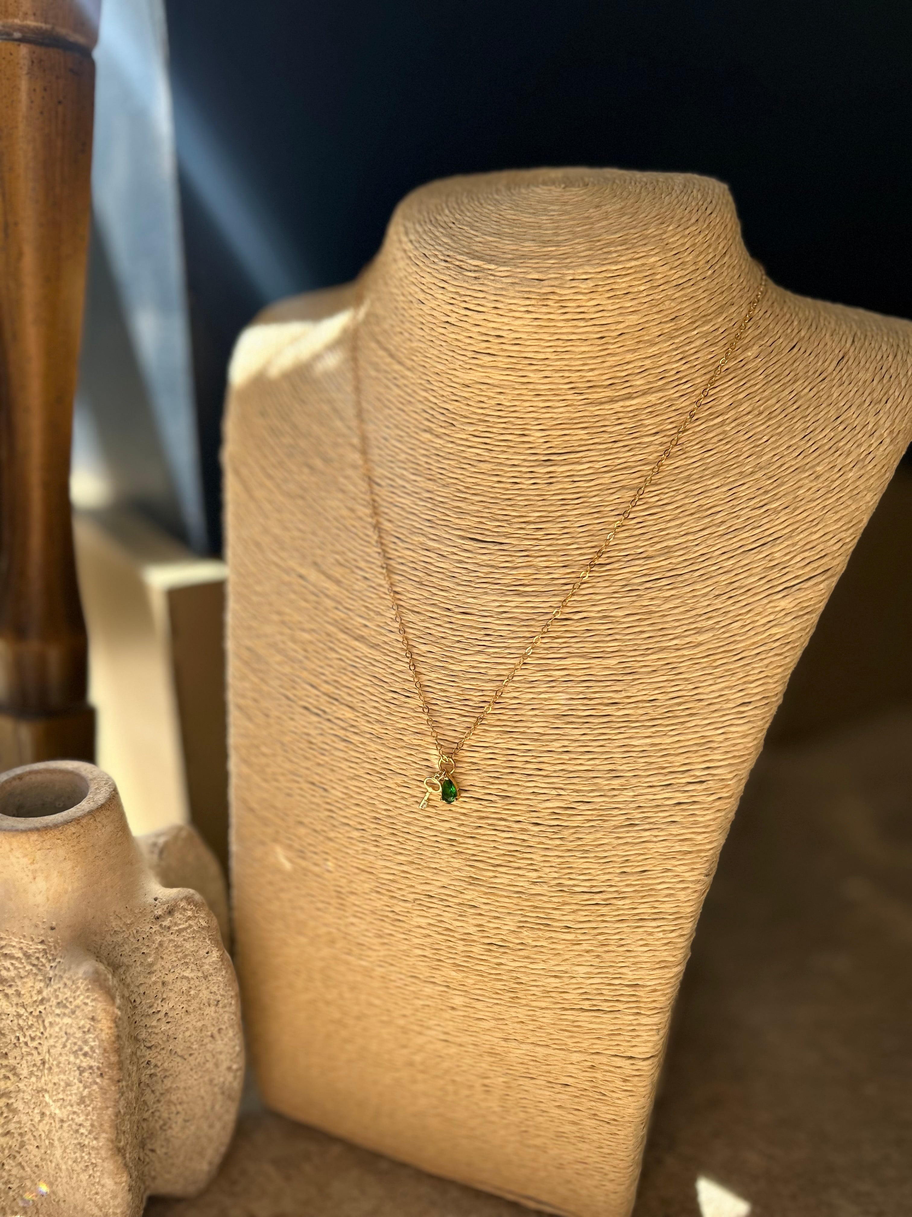 EMERALD & KEY CHARM 14K GOLD FILLED NECKLACE