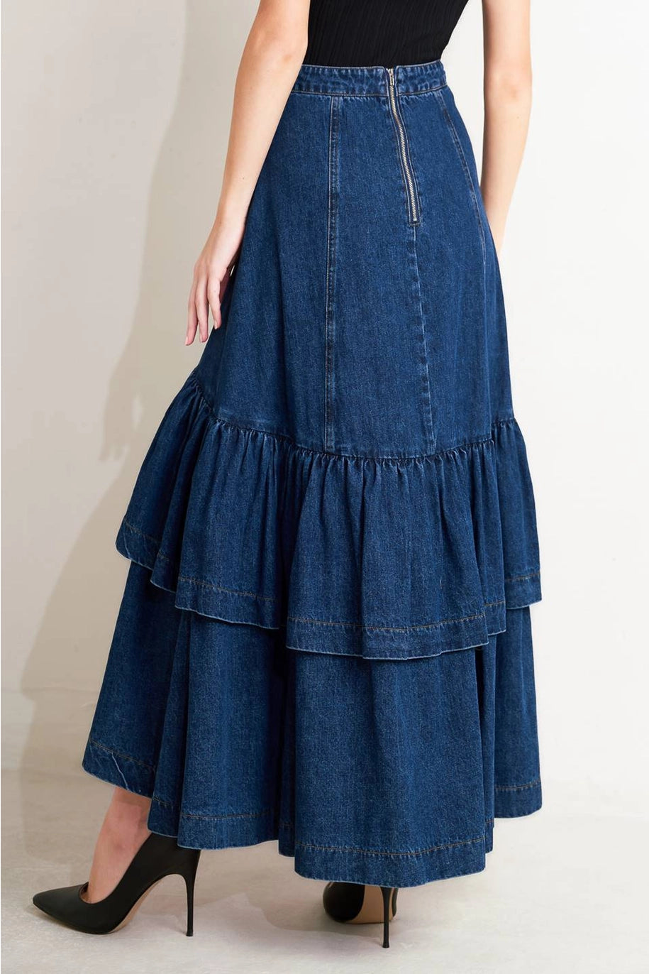 free people inspired outfit, casual chic denim skirt, raw hem denim maxi, distressed denim skirt long, indie boho style skirt