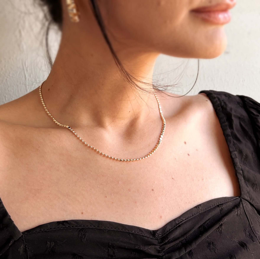 gold bead necklace, flat bead necklace, 2mm gold chain, dainty gold necklace, delicate gold chain, everyday gold necklace