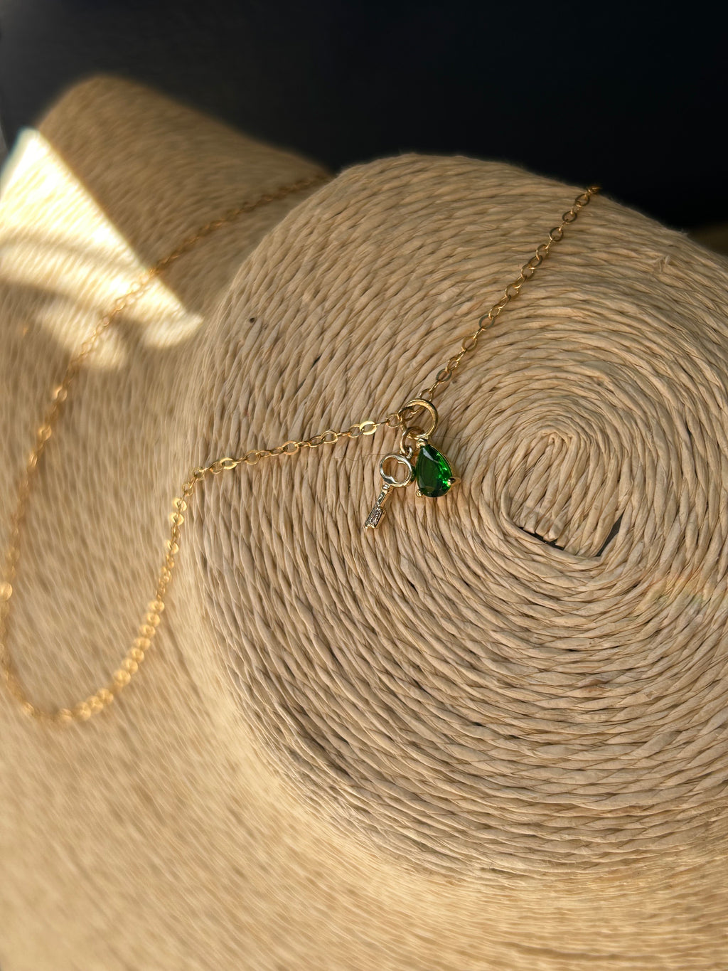 EMERALD & KEY CHARM 14K GOLD FILLED NECKLACE