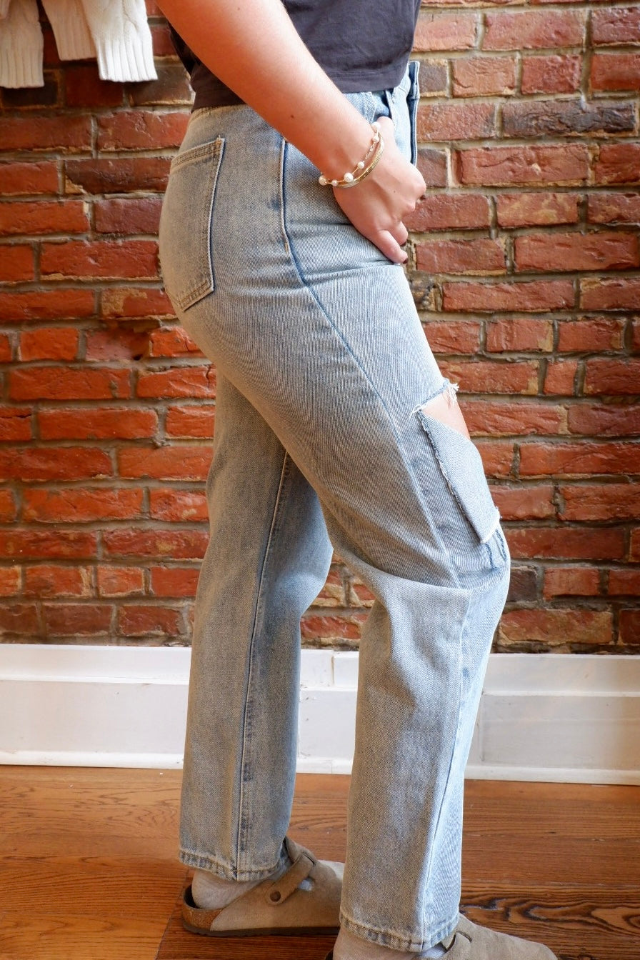RACHEL MINIMAL RIPPED HIGH WAIST STRAIGHT LEG JEANS