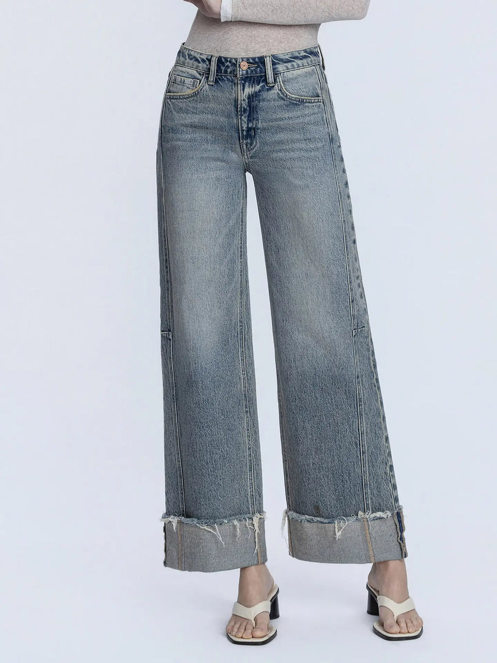high rise jeans, wide leg jeans, cuffed jeans, women’s denim, mid wash jeans, blue denim jeans, full length jeans, baggy jeans,