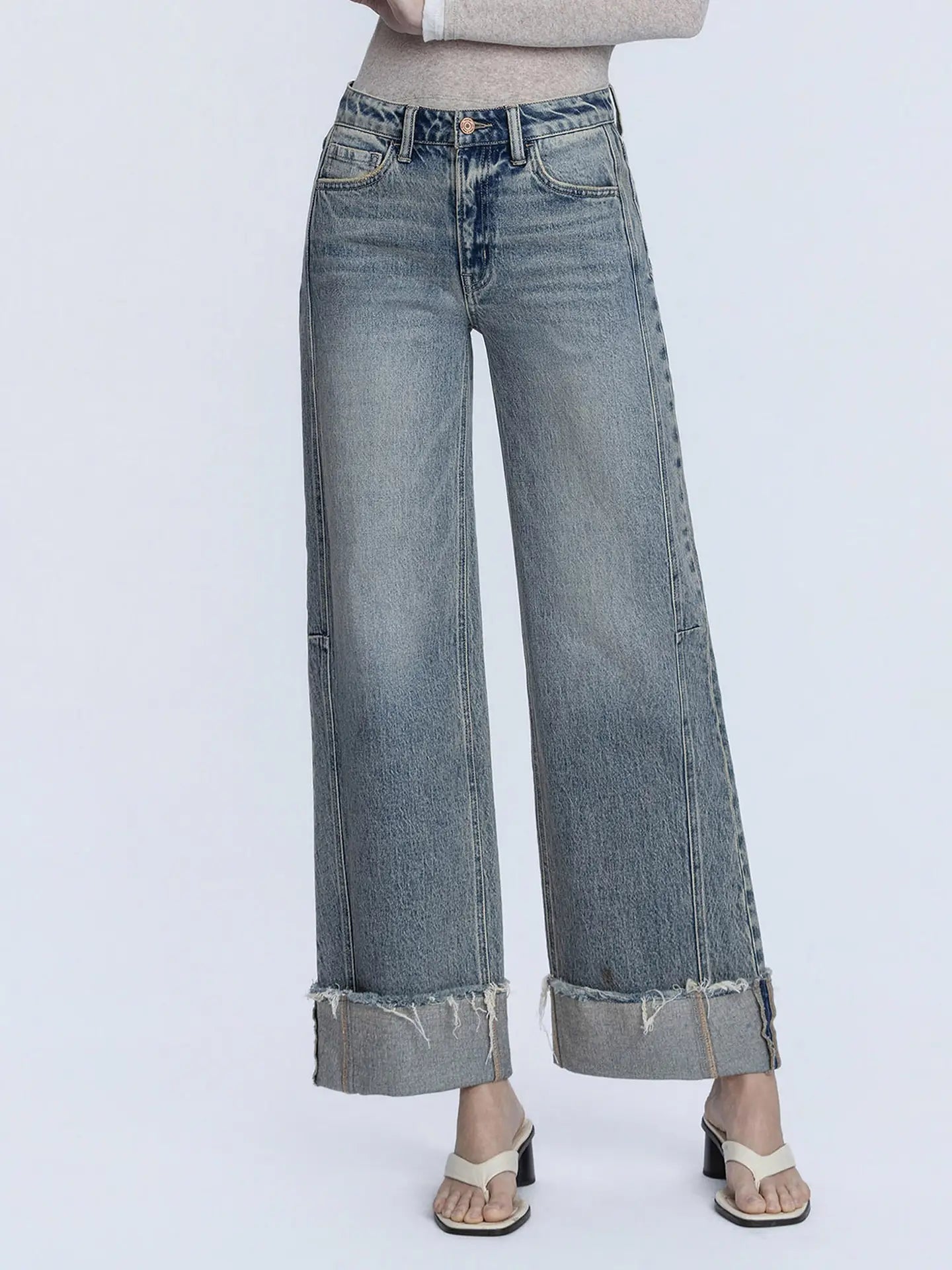 high rise jeans, wide leg jeans, cuffed jeans, women’s denim, mid wash jeans, blue denim jeans, full length jeans, baggy jeans,