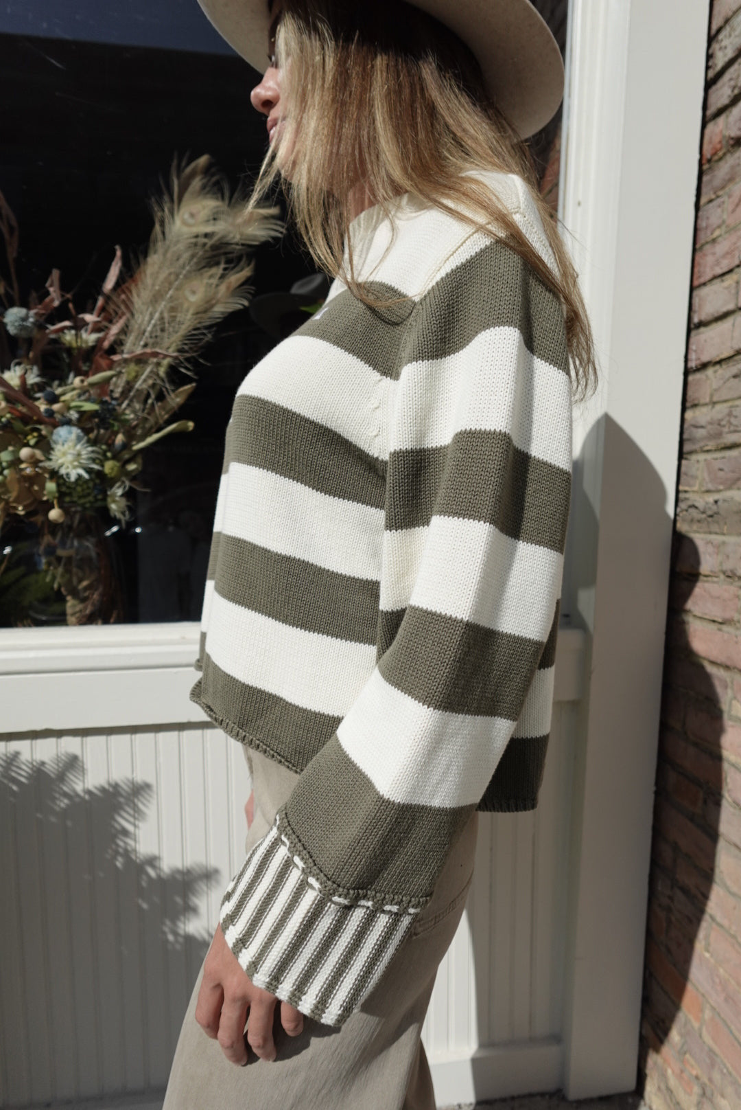 OLIVE & OFF WHITE STRIPED KNIT SWEATER