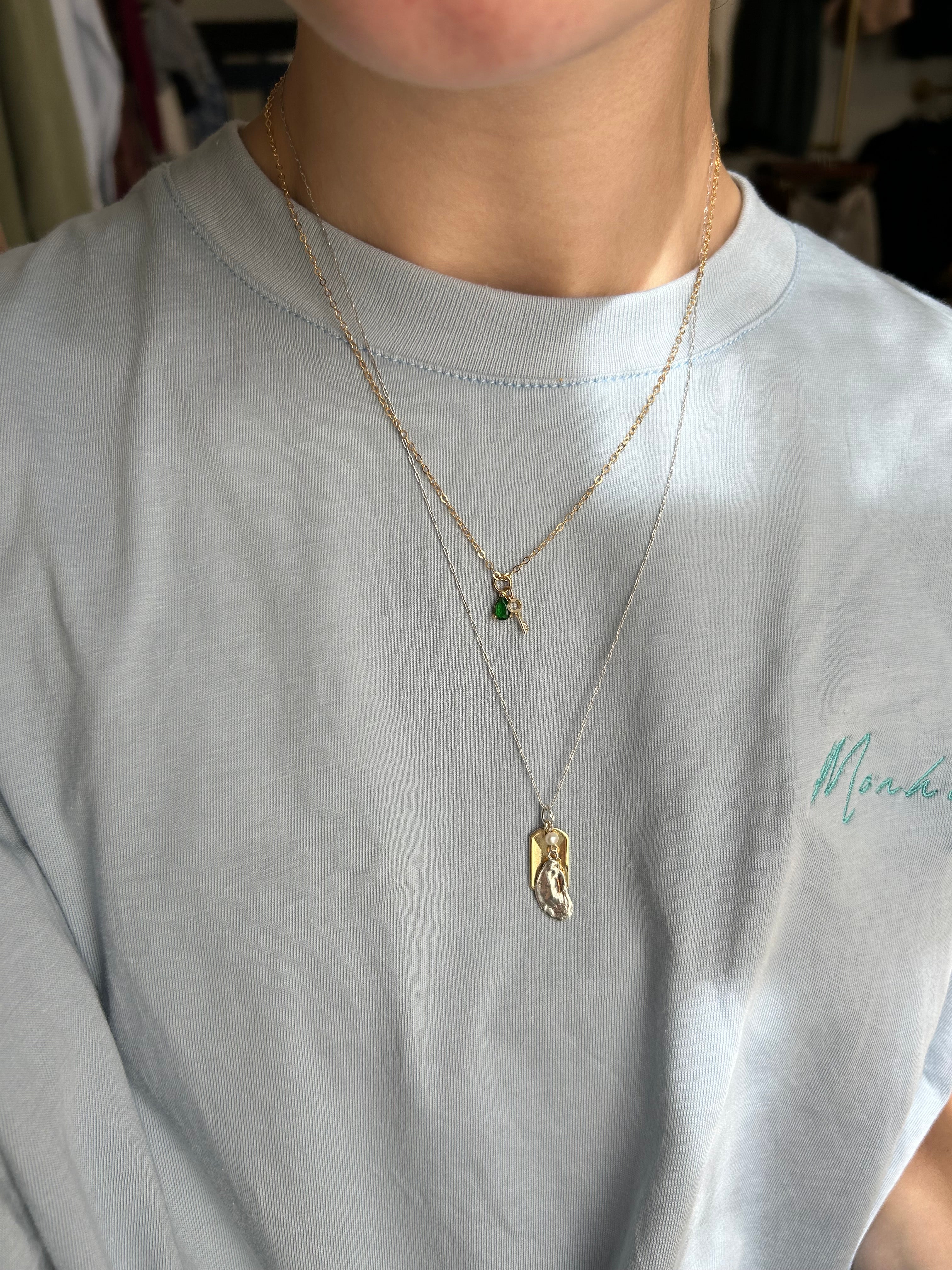 EMERALD & KEY CHARM 14K GOLD FILLED NECKLACE