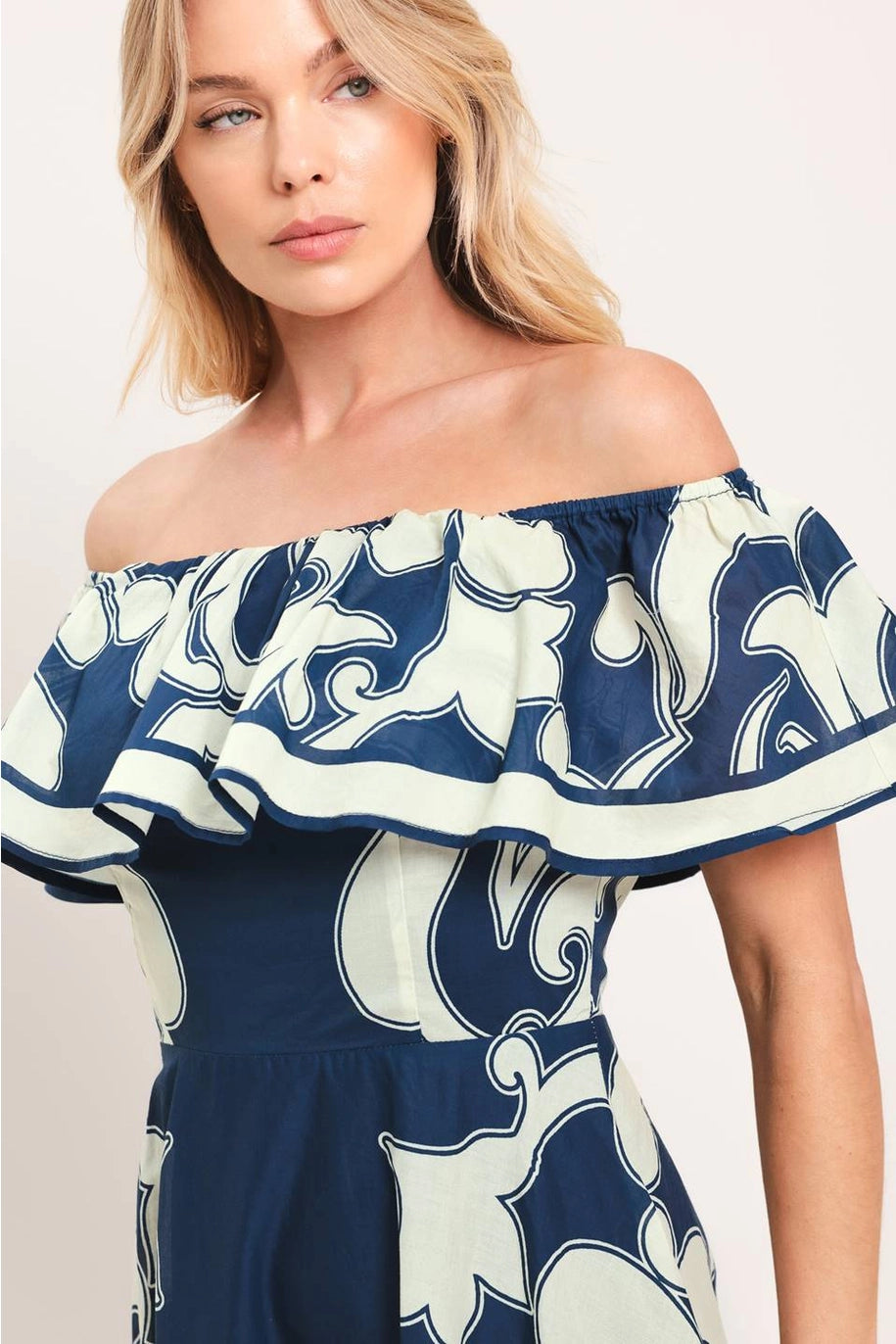 BOHO OFF SHOULDER NAVY + White PRINT RUFFLE MIDI/ MAXI DRESS SMALL BOHO OFF SHOULDER NAVY + White PRINT RUFFLE MIDI/ MAXI DRESS SMALL