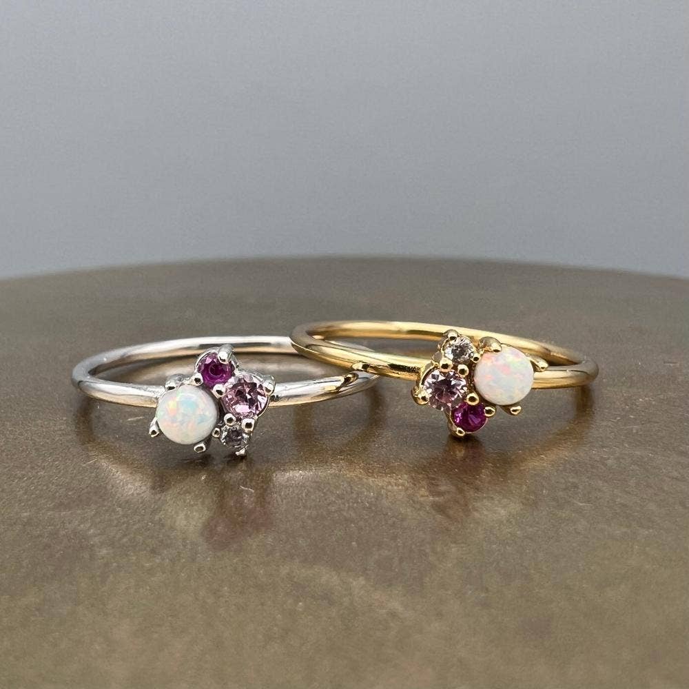 multi colored ring, ruby CZ ring, pink CZ ring, CZ cluster ring, pink cluster ring, simulated opal ring, opal CZ ring, cubic zirconia ring, colorful gemstone ring, pink gemstone ring, dainty cluster ring, delicate gold ring, delicate silver ring, gold filled ring, 14k gold filled ring, sterling silver ring, 925 sterling silver ring, thin band ring, 1.5mm band ring, stacking ring, everyday ring, pink jewelry, colorful jewelry, demi fine jewelry, gold filled jewelry, sterling silver jewelry, hypoallergenic ri