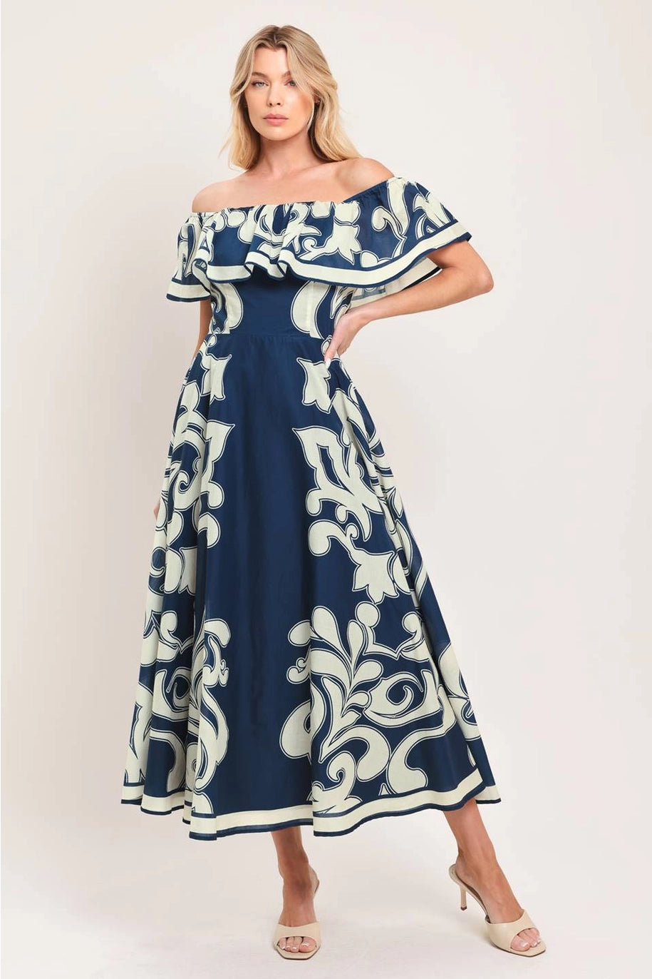 BOHO OFF SHOULDER NAVY + WHITE PRINT RUFFLE MIDI/ MAXI DRESS