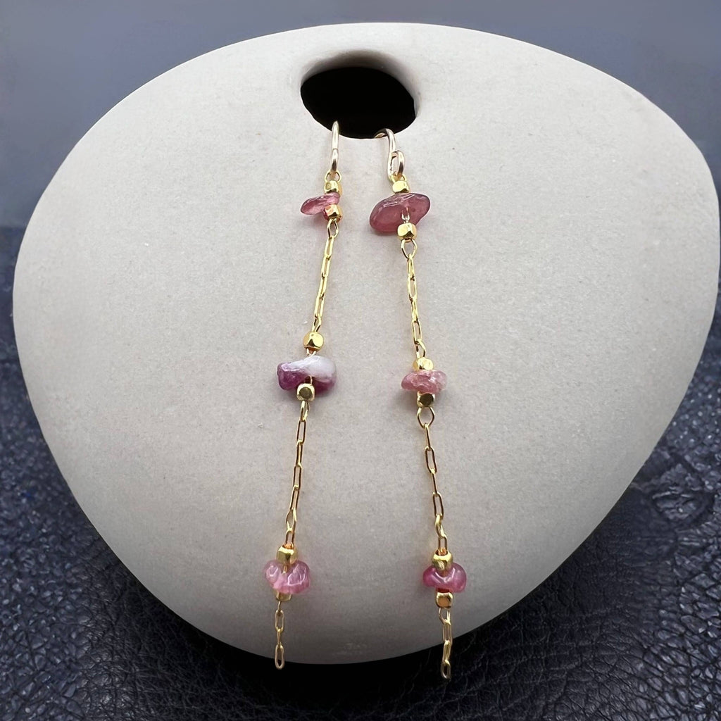 pink tourmaline earrings, tourmaline dangle earrings, gold filled earrings, 14k gold filled earrings, gemstone earrings, pink gemstone earrings, natural stone earrings, gold dangle earrings, gold drop earrings, beaded earrings, tourmaline bead earrings, mixed tourmaline earrings, pink beaded earrings, delicate drop earrings, long gold earrings, chain dangle earrings, link earrings, statement earrings, everyday earrings, lightweight earrings, demi fine jewelry, gold filled jewelry, non tarnish earrings, wate