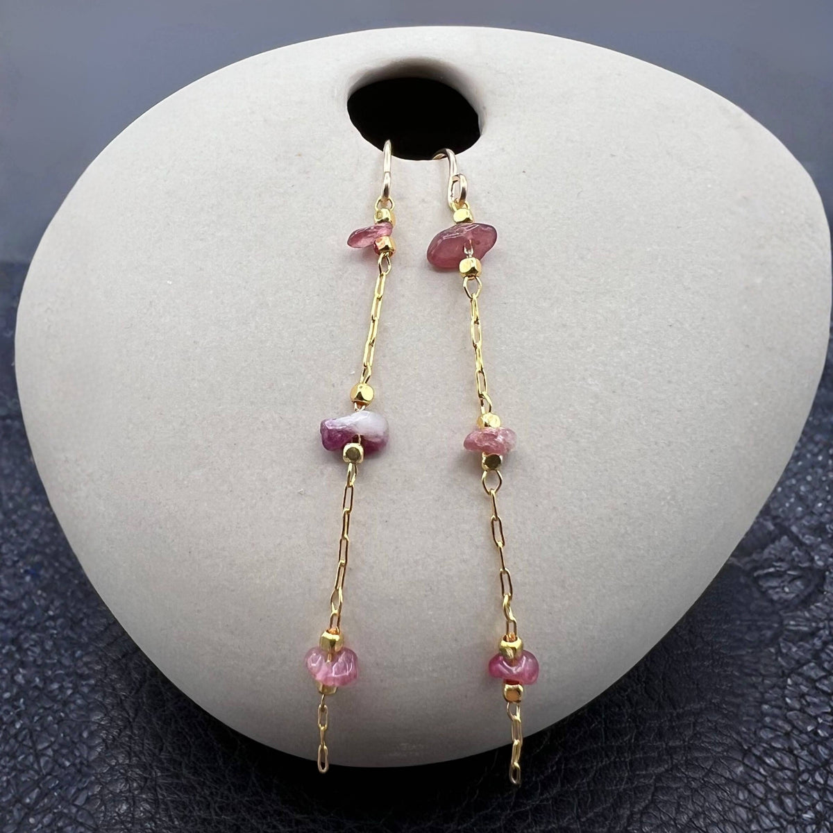 pink tourmaline earrings, tourmaline dangle earrings, gold filled earrings, 14k gold filled earrings, gemstone earrings, pink gemstone earrings, natural stone earrings, gold dangle earrings, gold drop earrings, beaded earrings, tourmaline bead earrings, mixed tourmaline earrings, pink beaded earrings, delicate drop earrings, long gold earrings, chain dangle earrings, link earrings, statement earrings, everyday earrings, lightweight earrings, demi fine jewelry, gold filled jewelry, non tarnish earrings, wate