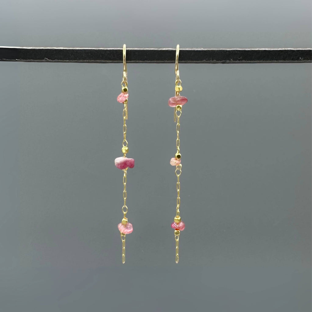 pink tourmaline earrings, tourmaline dangle earrings, gold filled earrings, 14k gold filled earrings, gemstone earrings, pink gemstone earrings, natural stone earrings, gold dangle earrings, gold drop earrings, beaded earrings, tourmaline bead earrings, mixed tourmaline earrings, pink beaded earrings, delicate drop earrings, long gold earrings, chain dangle earrings, link earrings, statement earrings, everyday earrings, lightweight earrings, demi fine jewelry, gold filled jewelry, non tarnish earrings, wate
