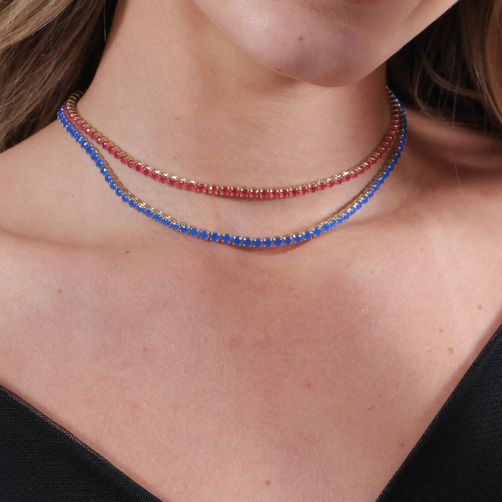 sapphire blue necklace, sapphire blue tennis necklace, sapphire CZ necklace, blue CZ tennis necklace, yellow gold necklace, yellow gold tennis necklace,