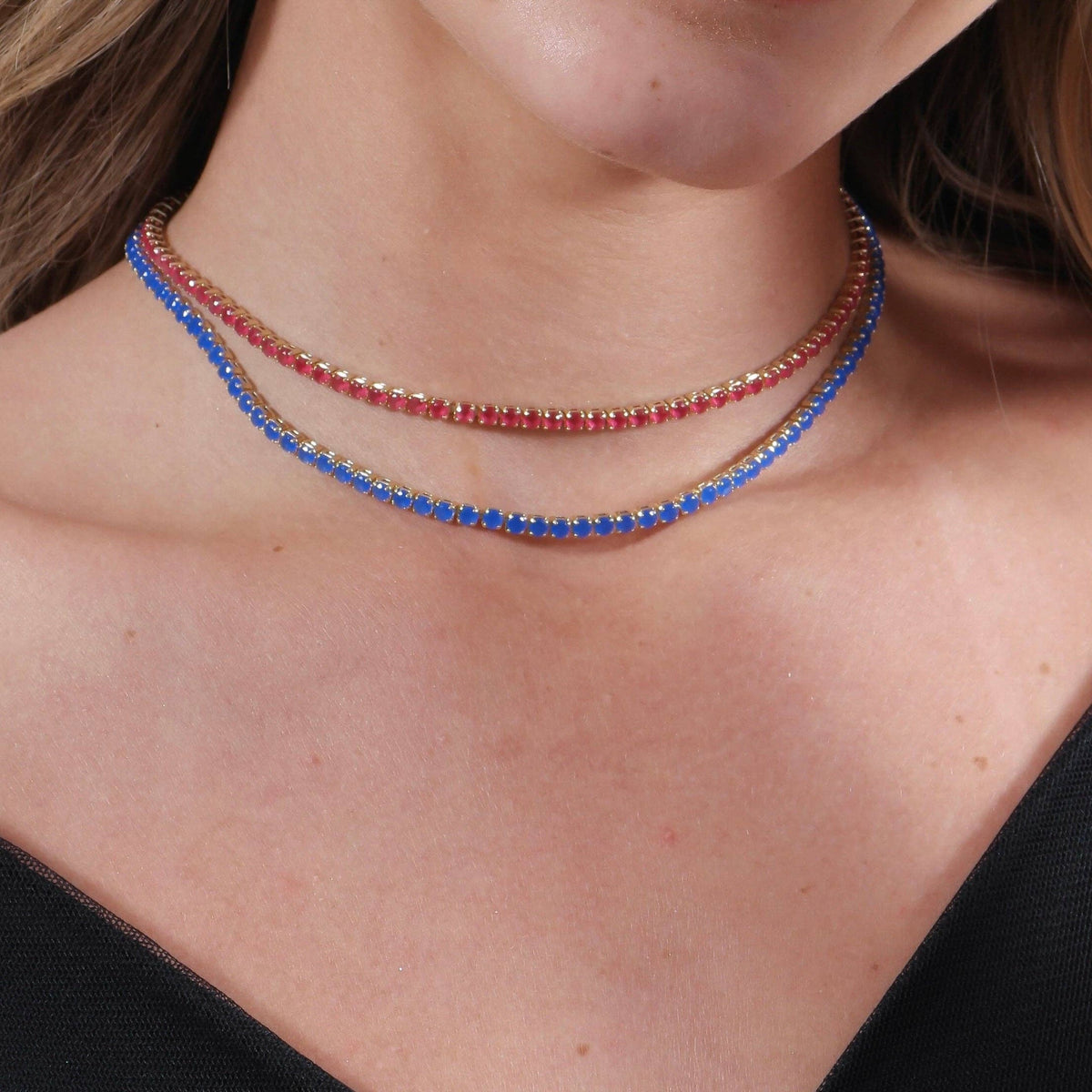 sapphire blue necklace, sapphire blue tennis necklace, sapphire CZ necklace, blue CZ tennis necklace, yellow gold necklace, yellow gold tennis necklace,