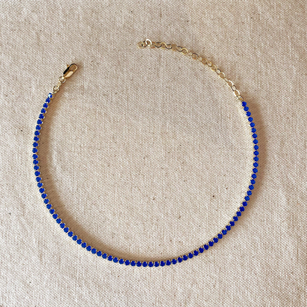 sapphire blue necklace, sapphire blue tennis necklace, sapphire CZ necklace, blue CZ tennis necklace, yellow gold necklace, yellow gold tennis necklace, gold filled necklace, 18k gold filled necklace, non tarnish necklace, affordable tennis necklace, affordable gold necklace, blue cubic zirconia necklace, sapphire look necklace, vibrant blue necklace, 3mm tennis necklace, blue choker necklace, gold choker necklace, adjustable tennis necklace, short tennis necklace, dainty tennis necklace, layering necklace,