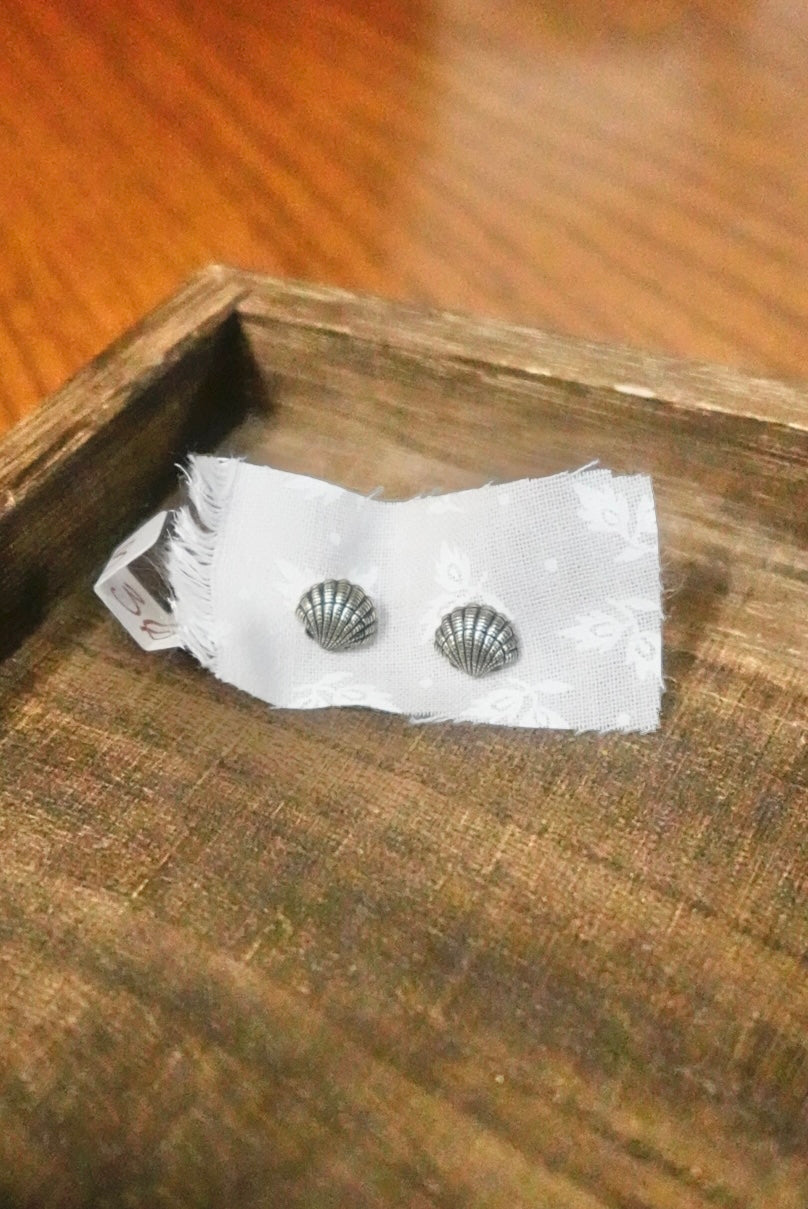 Pair of silver shell earrings on a white card with a wooden surface background
