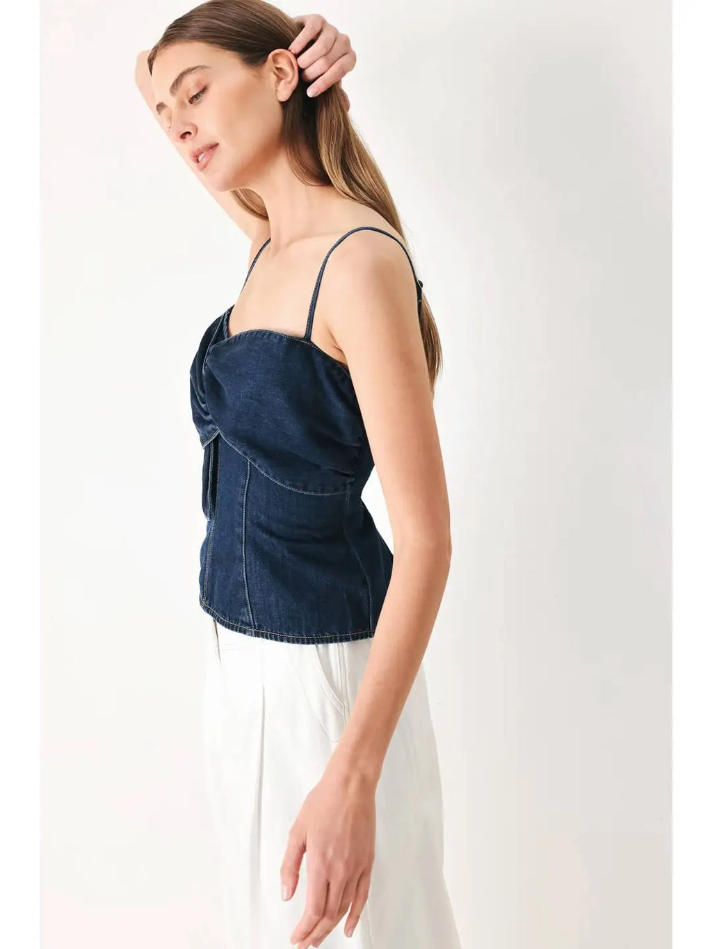 structured denim set, feminine denim set, zimmermann inspired style, romantic denim outfit, tailored denim set,