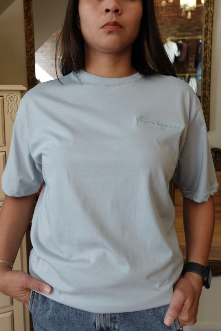 ORGANIC COTTON PALE BLUE D.B. ORIGINAL COASTAL WEARABLE ART EMBROIDERED GRAPHIC TSHIRT