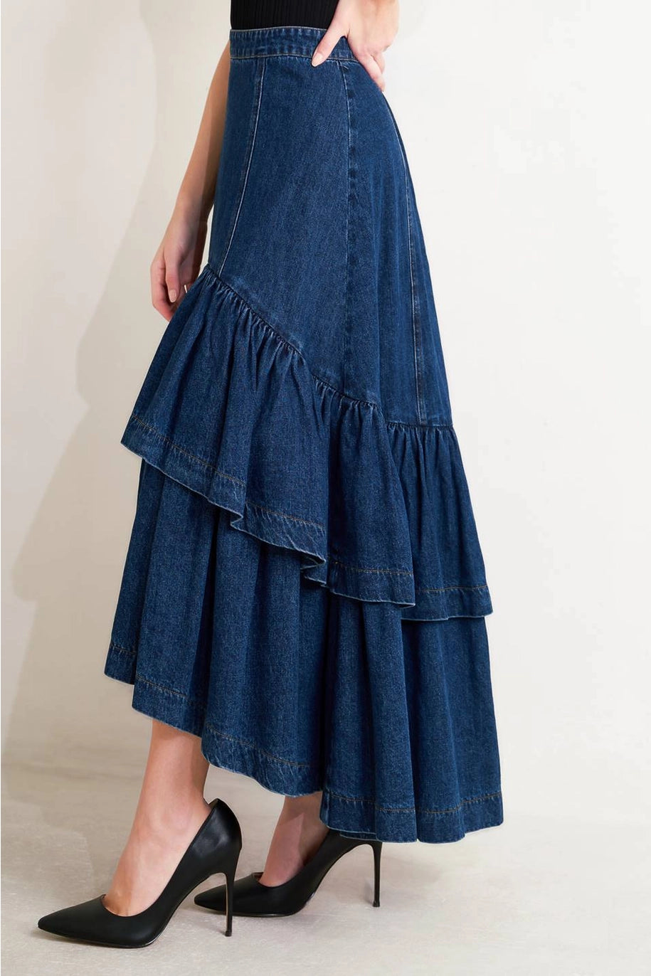 vintage wash denim skirt, bohemian maxi skirt denim, western inspired denim skirt, festival outfit denim skirt