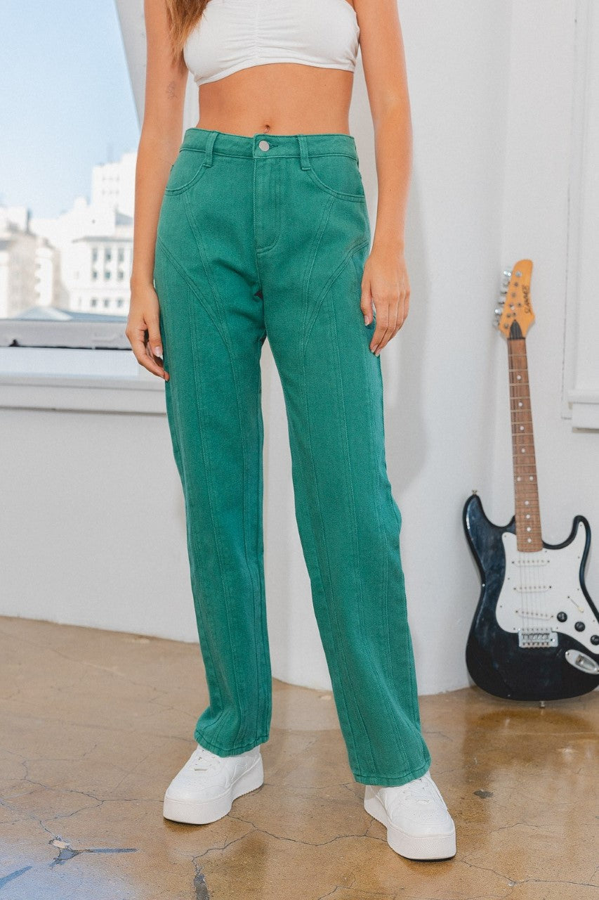 RUTHIE HIGH WAISTED GREEN WASHED TWILL STRAIGHT LEG JEANS